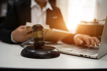 Judge gavel with Justice lawyers having team Concepts of Law and Legal services