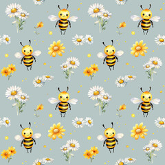 Fototapeta premium Seamless pattern with watercolor cute cartoon bee and flowers isolated on green background.
