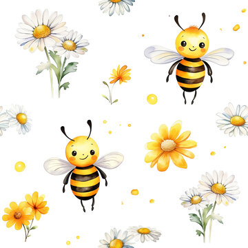 Seamless pattern with watercolor cute cartoon bee and flowers isolated on white.