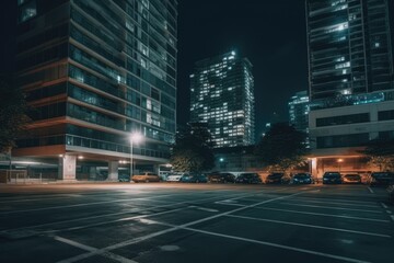 Vacant and lit parking place in the city. Generative AI
