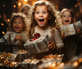 children are wide-eyed with joy over their christmas presents, generative AI