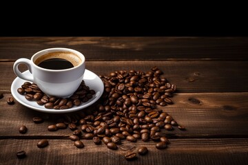 Coffee Cup With Coffee Beans On Wooden Background