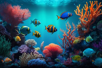 Naklejka na ściany i meble Tropical underwater fish in coral reefs. Underwater panorama. generative ai