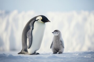 Fototapeta na wymiar Two majestic white and grey Emperor Penguins stand side by side, Generative Ai