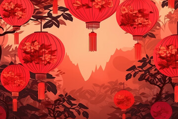 Lit red Chinese lanterns against a backdrop of flowers. Web banner, illustration not the theme of the Chinese New Year, the theme for the postcard, generative AI
