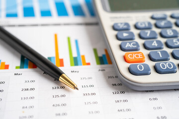 Pen and calculator on chart or graph paper. Financial, account, statistics and business data concept.