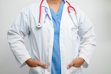 Asian woman doctor with purple ribbon, sign of Alzheimer disease day, Pancreatic cancer, Epilepsy,...