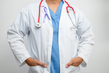 Asian woman doctor with purple ribbon, sign of Alzheimer disease day, Pancreatic cancer, Epilepsy, Lupus.