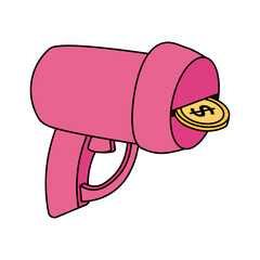 Pink toy gun with gold coin. Vector illustration isolated on white background