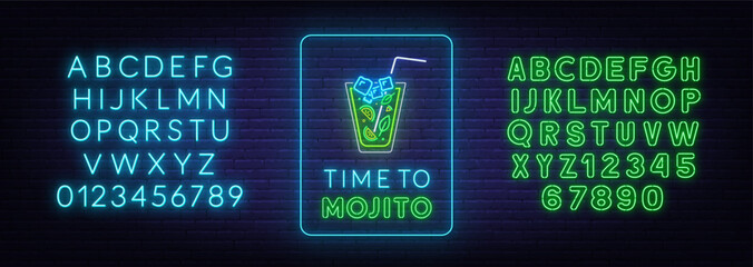 Time to mojito neon lettering on brick wall background.