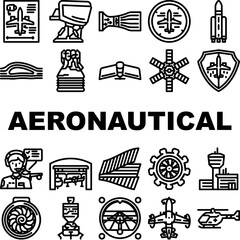 aeronautical engineer aviation icons set vector. airplane plane, aerospace jet, aeroplane airport, engine maintenance, control pilot aeronautical engineer aviation black contour illustrations