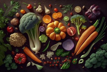 Group of vegetables, Top view with aesthetic arrangement, generative ai