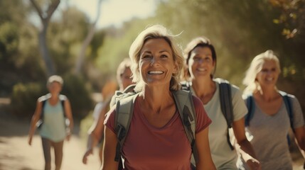 Happy and smiling senior people hiking in mountains.