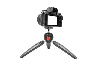 Mirrorless camera on a tripod for live or streaming, mockup camera isolated with clipping path on transparent background