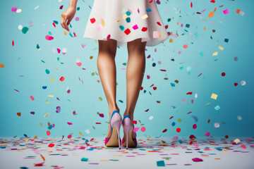 Legs of a woman in colorful high heel shoes with confetti falling. Footwear, autumn shoes, party concept. Generative AI,  Illustration.