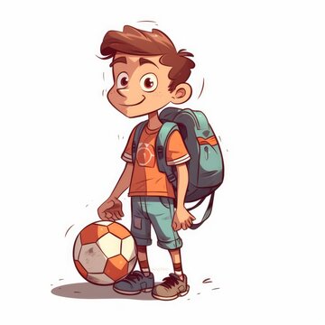 Boy with a soccer ball and backpack, cartoon style, white background. AI generated