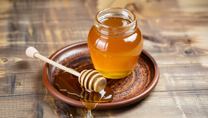 honey in glass jar with dipper and honeycomb on clay plate on wooden table
