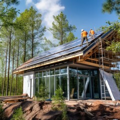 Roofing work. Laying a soft roof of a private house.