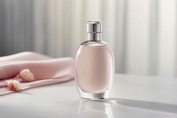 Naklejka premium Delicate feminine fragrance. Perfume bottle with fresh pink cherry blossom. Elegant cosmetic advertising. Pink transparent spray bottle and shiny silk fabric isolated on light background.