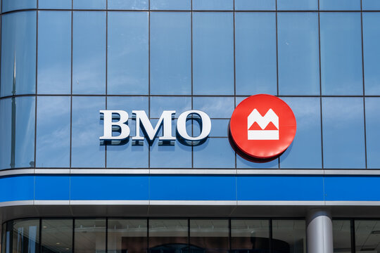 BMO logo sign on the building at BMO Tower in Milwaukee, Wisconsin, USA. May 3, 2023. BMO (The Bank of Montreal ) is a Canadian multinational investment bank and financial services company.