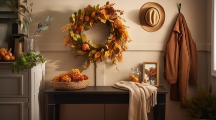 a modern mudroom with autumn decor and fall foliage wreath