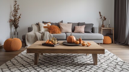 a modern fall-palette living room interior with autumn pumpkin decor