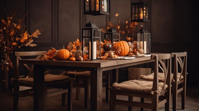 A Dining Room Table Served For Thanksgiving Day Celebration