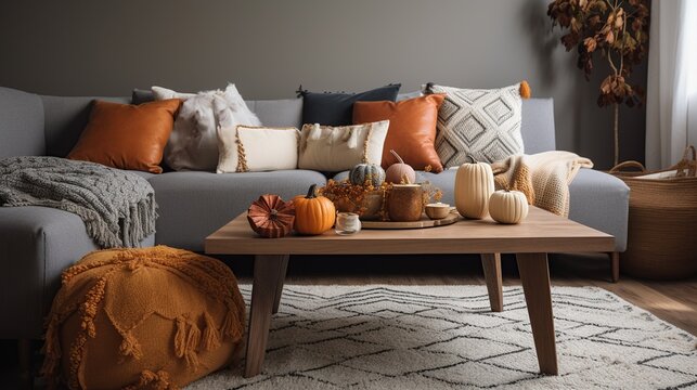a cozy fall-palette living room interior with various cushions and autumn pumpkin decor