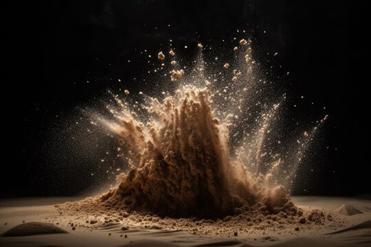 Throwing stop motion item design in freeze frame with sand flying explosion over a gloomy backdrop. Generative AI
