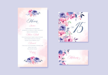 Watercolor floral wedding menu, table and escort cards with pink blue lilac peach Rose flowers illustration.