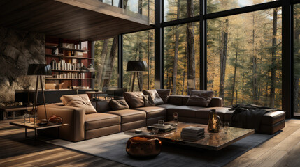 a cozy living room with windows and forest view in the background.