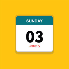 january 03 sunday icon with yellow background, calender icon