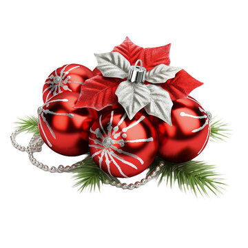  Red christmas bells with silver leaves ornaments decoration isolated on transparent background, generative ai