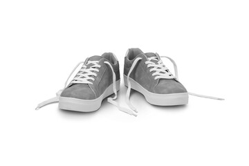 Leather grey color men sneakers with white lace and rubber soles isolated on transparent background