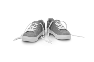 Leather grey color men sneakers with white lace and rubber soles isolated on transparent background