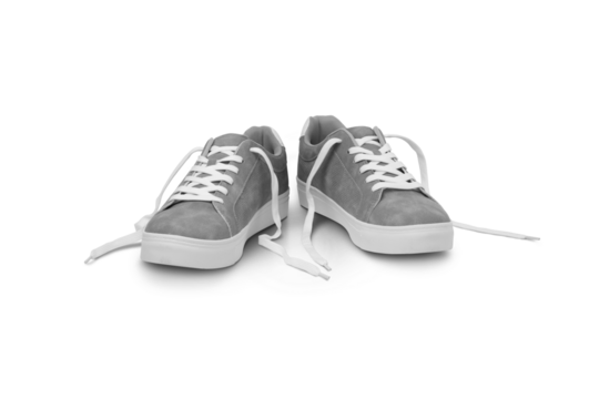 Leather grey color men sneakers with white lace and rubber soles isolated on transparent background