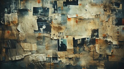 A wall covered by vintage photographic papers, old film negatives and polaroid texture