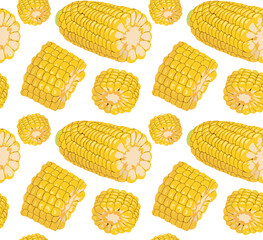 Realistic halves of corn. Autumn vegetables. Seamless pattern in vector. Suitable for backgrounds and prints.