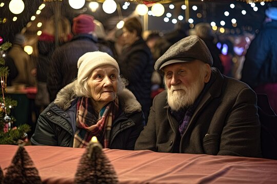 Old couple at the Christmas market. Vinter, vacation, celebrating holiday.