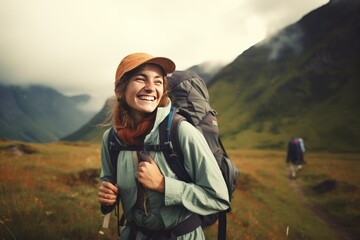 Kobieta podczas wędr&oacute;wki w g&oacute;rach, na łonie natury, wygenerowane przez AI