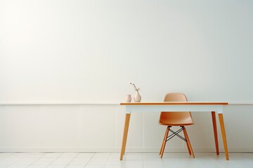 a wooden table and chair in a white room