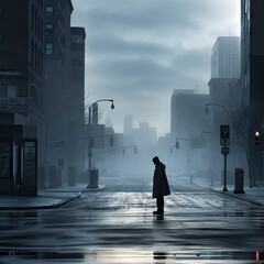 a man standing in the middle of the street in an empty city