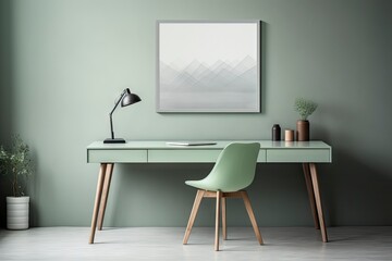 Minimalist interior green office desk with green chair 