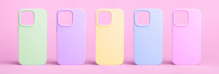 set of five back covers for mobile phone in different colors isolated on barbie pink background,...