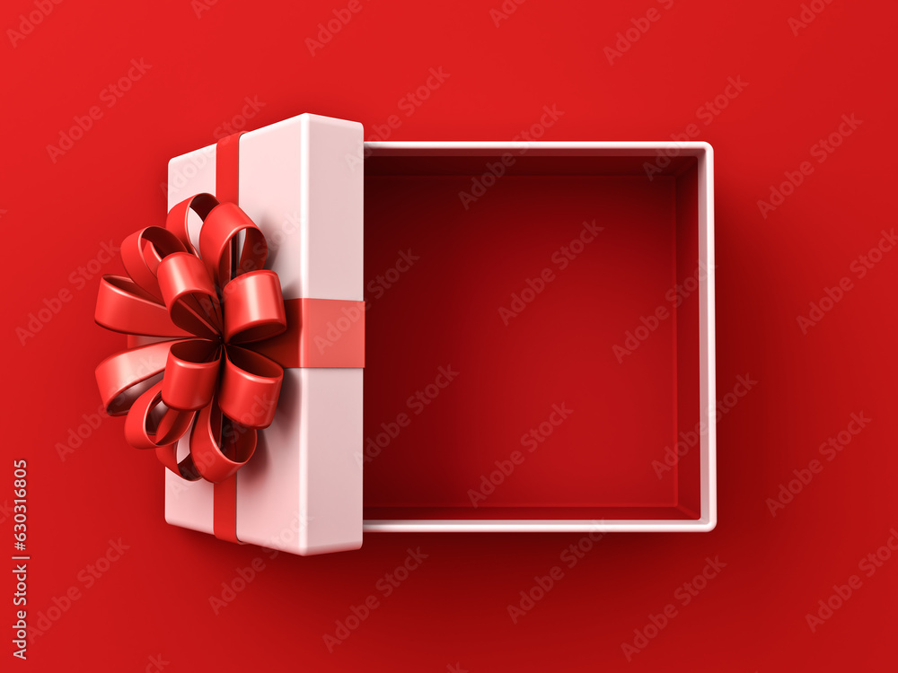 Poster Blank white gift box open or top view of white present box tied with red ribbon bow isolated on dark red background with shadow minimal conceptual 3D rendering