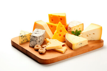 variety of different types of cheeses stacked isolated on white background