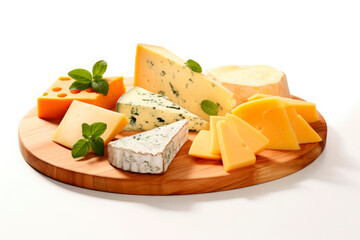 variety of different types of cheeses stacked isolated on white background