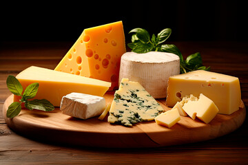 variety of different types of cheeses stacked on rustic wooden table