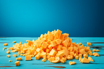 cheddar cheese pieces on blue wooden table and and blue background