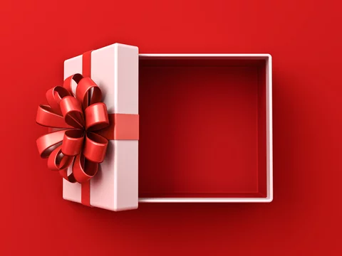 Blank white gift box open or top view of white present box tied with red ribbon bow isolated on dark red background with shadow minimal conceptual 3D rendering